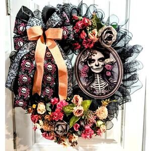Beautiful Halloween Wreath Sugar skull Day of the dead pink flowers Skelton Lady